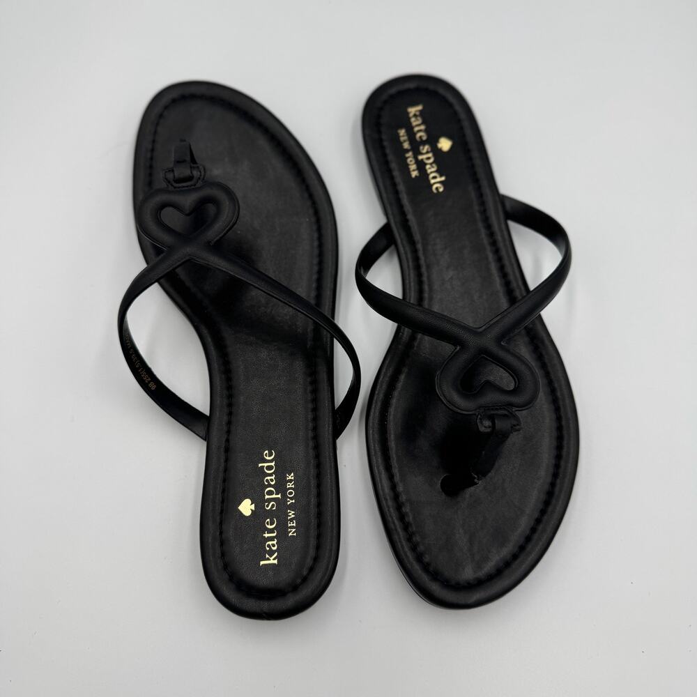 Kate Spade Pamela Black Napa Leather Heart Thong Sandal Flat Slide 9 39.5 Resort - Picture 6 of 13